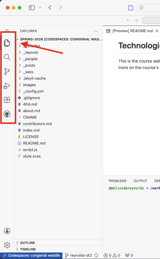 Screenshot of virtual VS Code in GitHub Codespaces