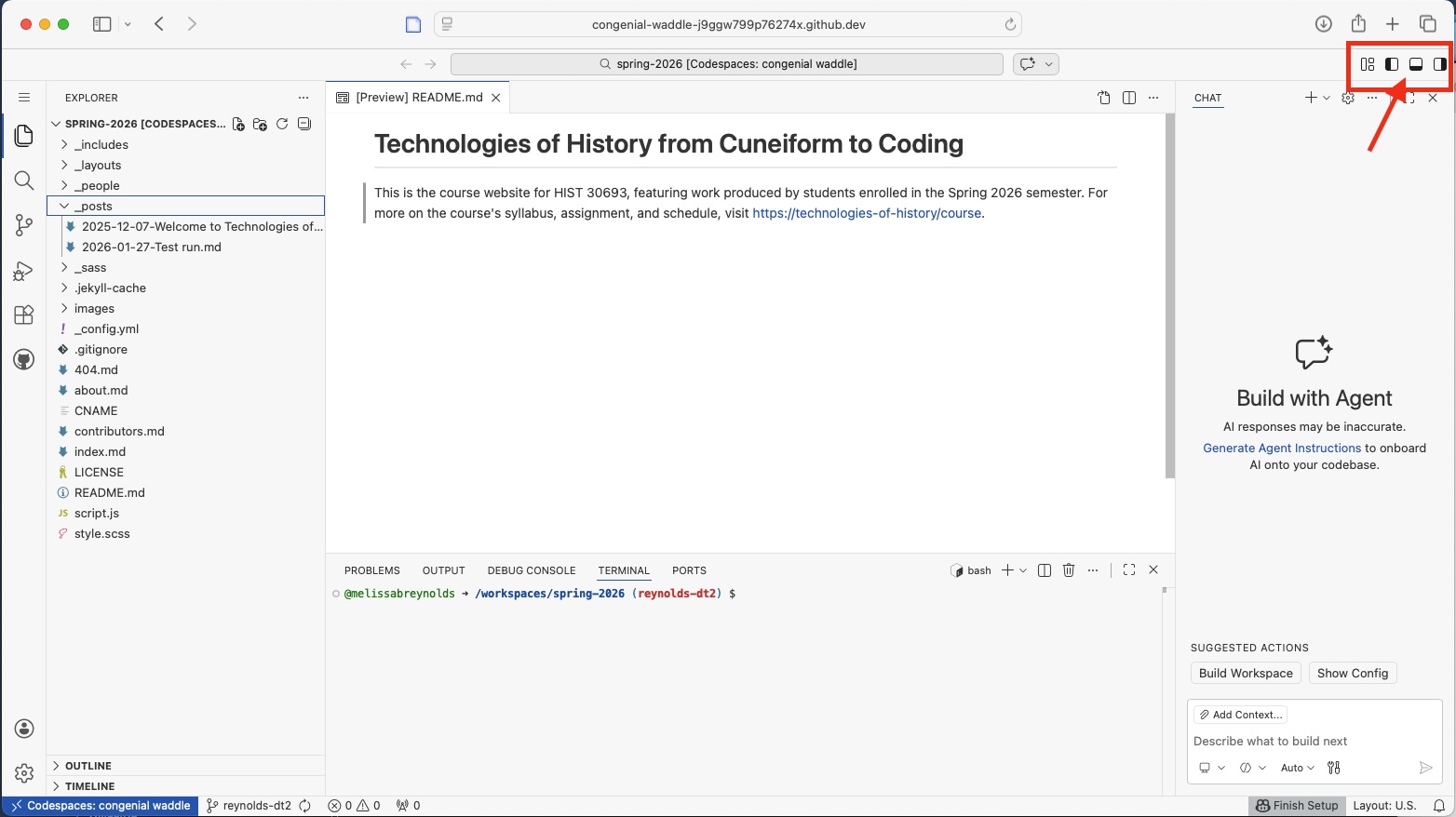 Screenshot of virtual VS Code in GitHub Codespaces
