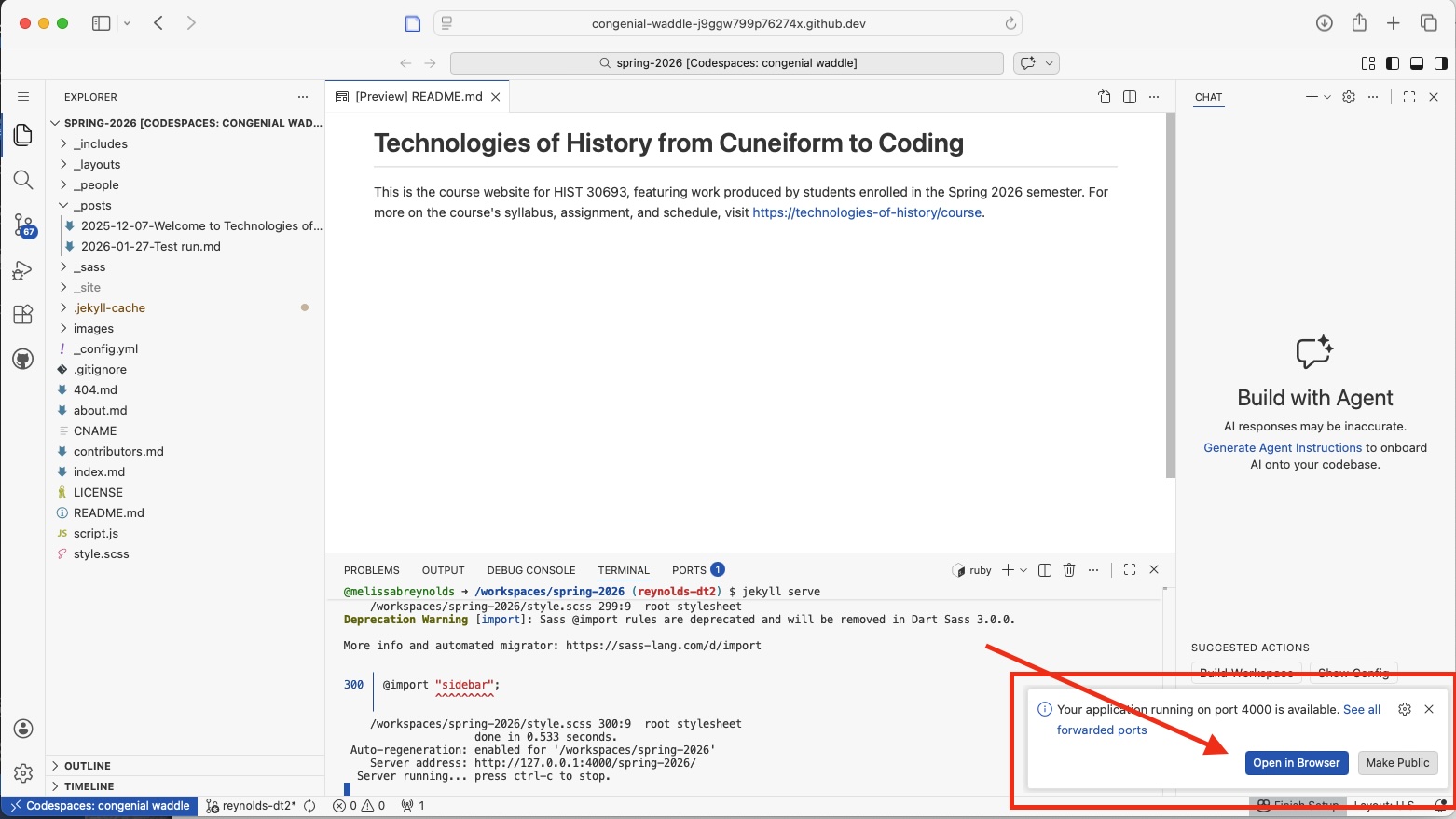 Screenshot of virtual VS Code in GitHub Codespaces