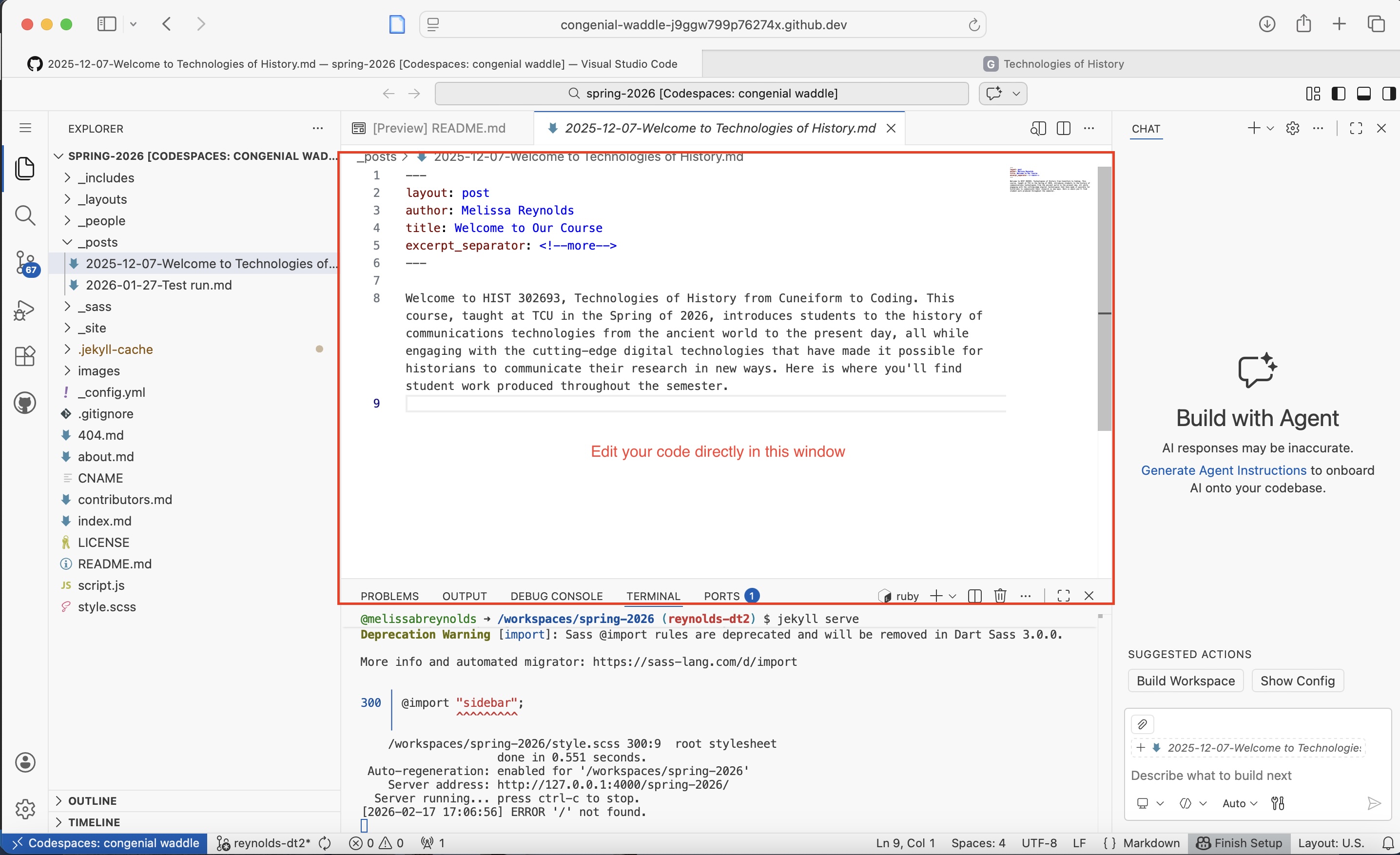Screenshot of virtual VS Code in GitHub Codespaces